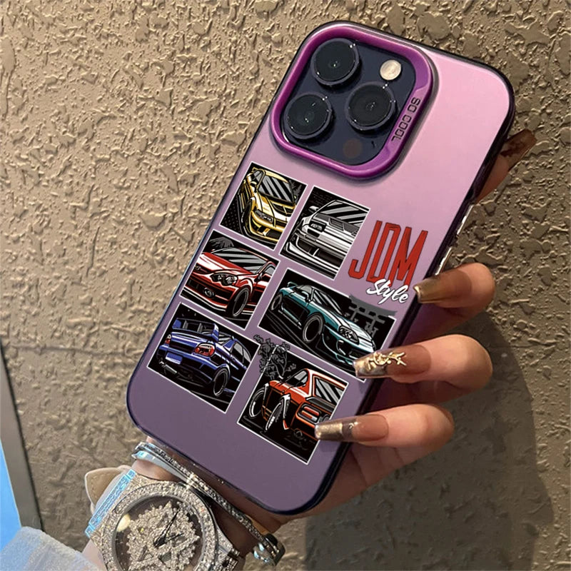 JDM Sports Cars Male Men Electroplate Silver IMD Case For iPhone Shockproof Hard Cover