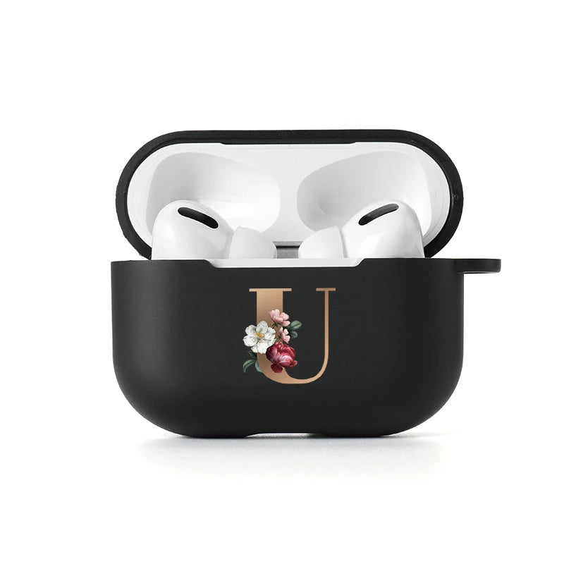 Floral Gold Initial Alphabet Letter Case For Airpods 2 3 Pro black Matte Cover