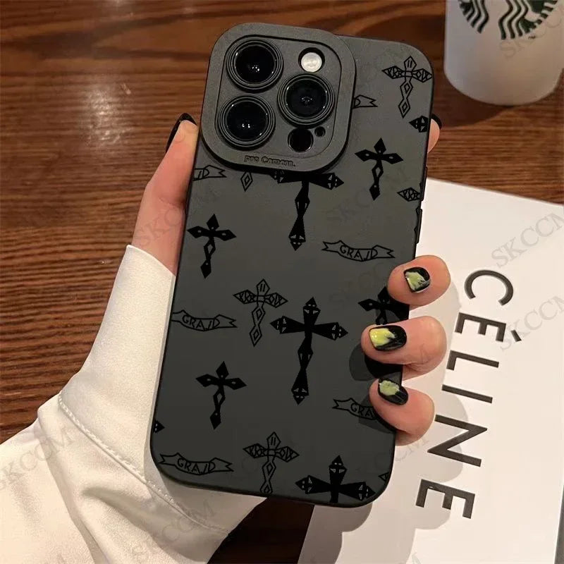 Phone Case For iPhone Black Cross Print Shockproof Soft Cover