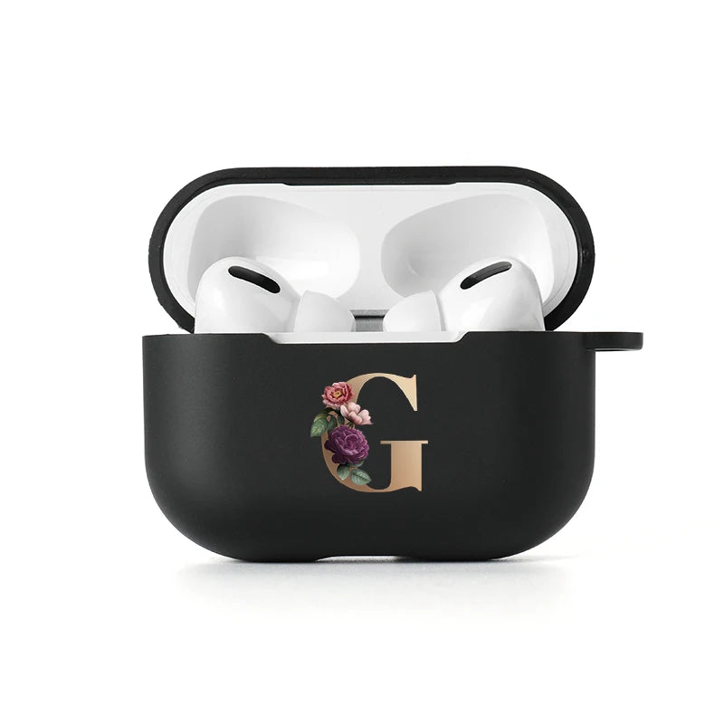 Floral Gold Initial Alphabet Letter Case For Airpods 2 3 Pro black Matte Cover