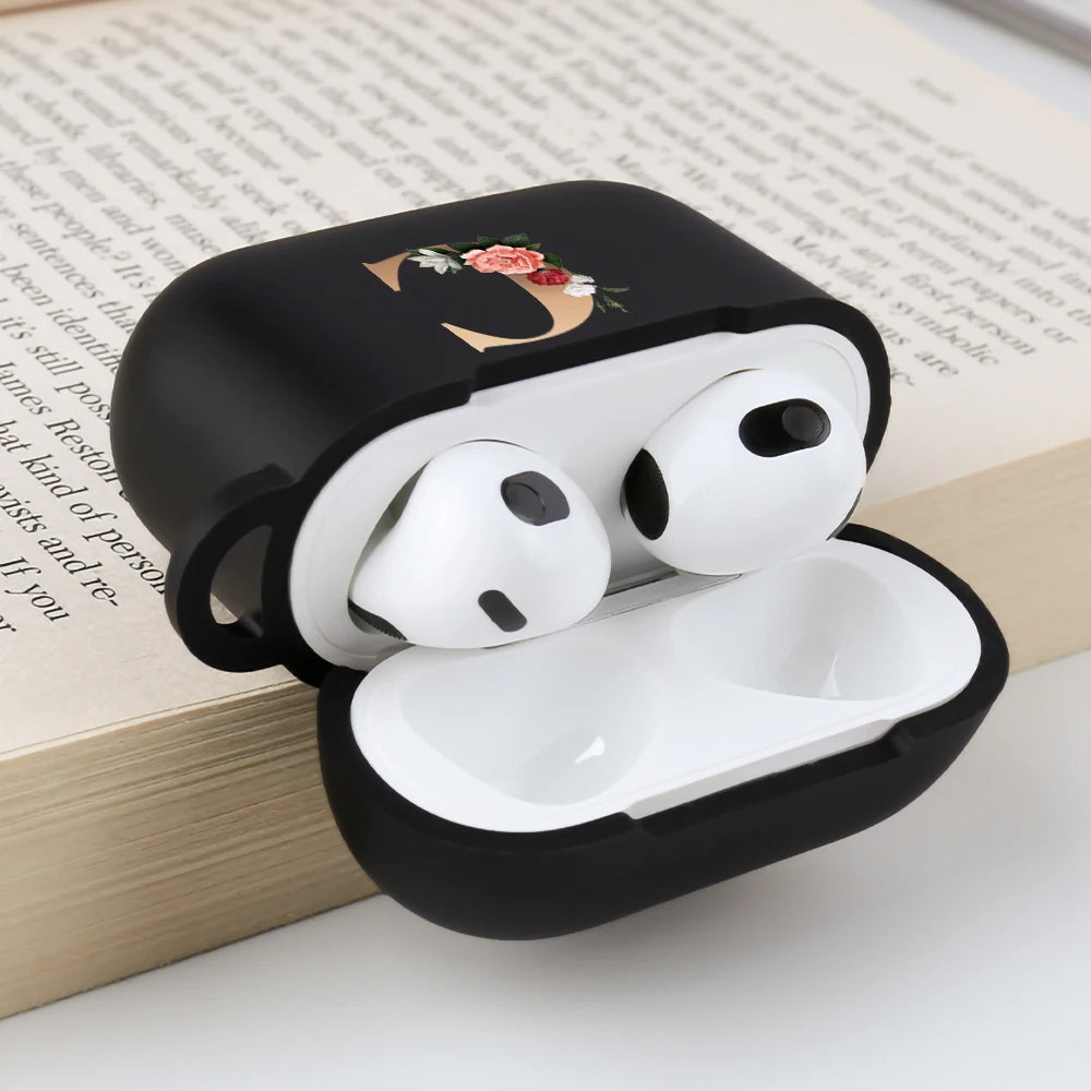 Floral Gold Initial Alphabet Letter Case For Airpods 2 3 Pro black Matte Cover