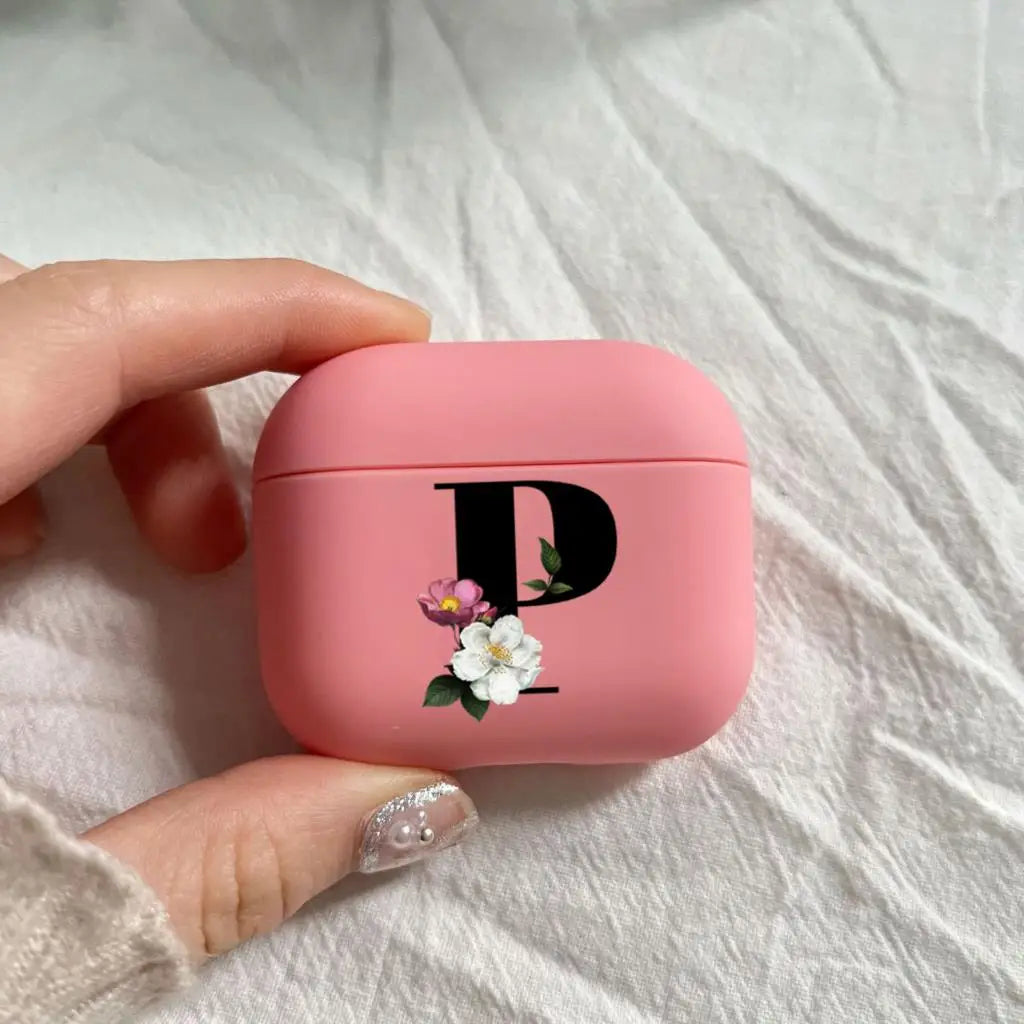 Initial Letter A Z Earphone Case For Apple Charging Box For AirPods 1 2 3 4Pro Black letter flower Pink