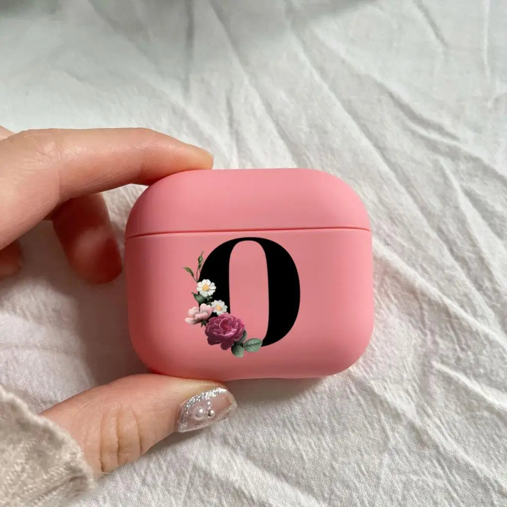 Initial Letter A Z Earphone Case For Apple Charging Box For AirPods 1 2 3 4Pro Black letter flower Pink