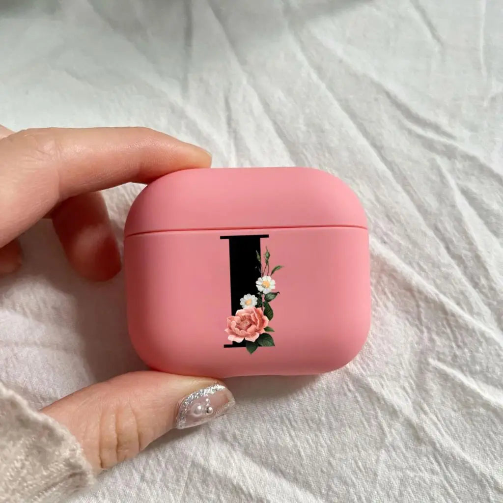 Initial Letter A Z Earphone Case For Apple Charging Box For AirPods 1 2 3 4Pro Black letter flower Pink