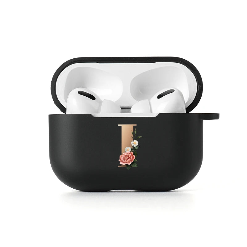 Floral Gold Initial Alphabet Letter Case For Airpods 2 3 Pro black Matte Cover