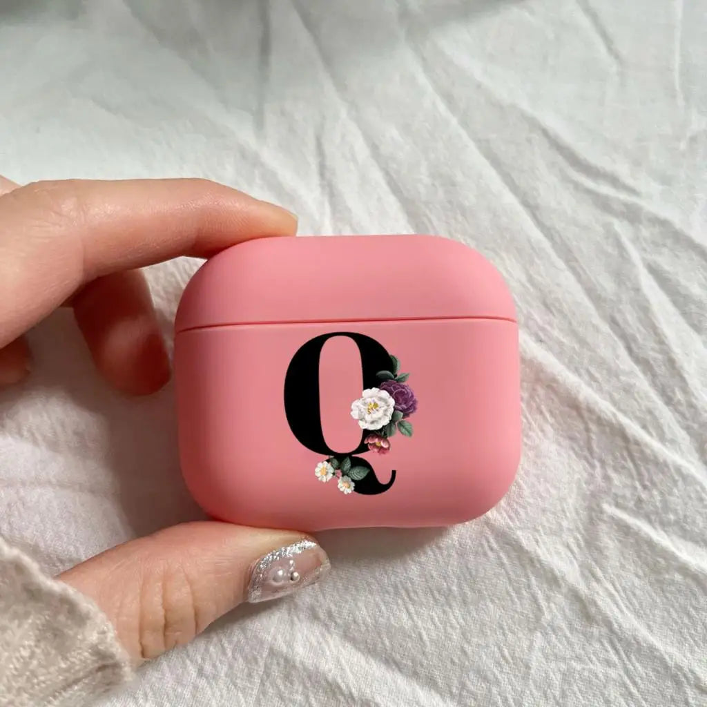 Initial Letter A Z Earphone Case For Apple Charging Box For AirPods 1 2 3 4Pro Black letter flower Pink