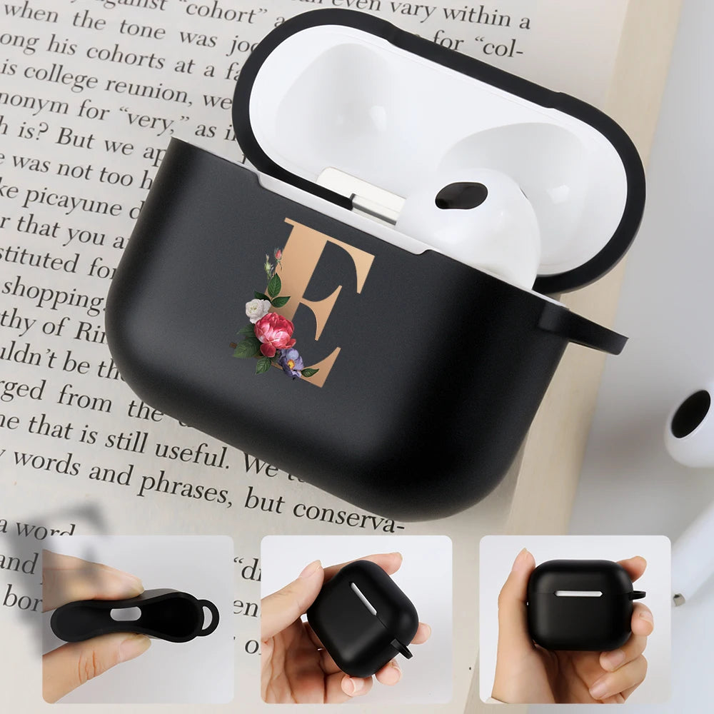 Floral Gold Initial Alphabet Letter Case For Airpods 2 3 Pro black Matte Cover