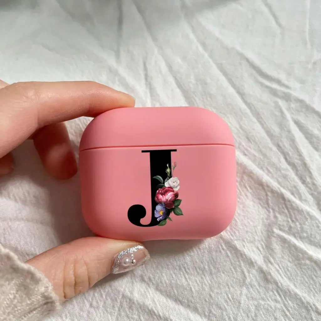 Initial Letter A Z Earphone Case For Apple Charging Box For AirPods 1 2 3 4Pro Black letter flower Pink