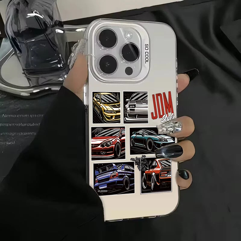 JDM Sports Cars Male Men Electroplate Silver IMD Case For iPhone Shockproof Hard Cover