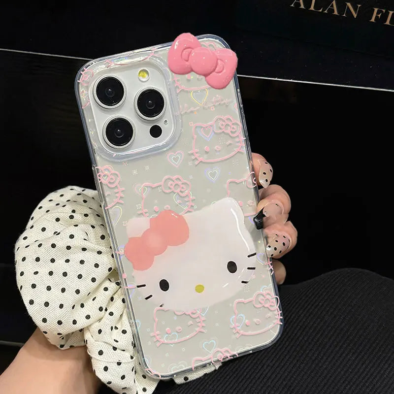 Sanrio Hello Kitty Bow Kawaii Holder Phone Case For iPhone MINI Y2K Bow Laser Cover