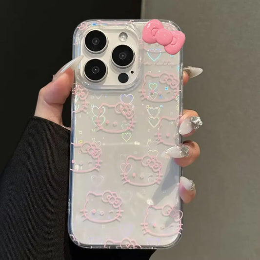 Sanrio Hello Kitty Bow Kawaii Holder Phone Case For iPhone MINI Y2K Bow Laser Cover