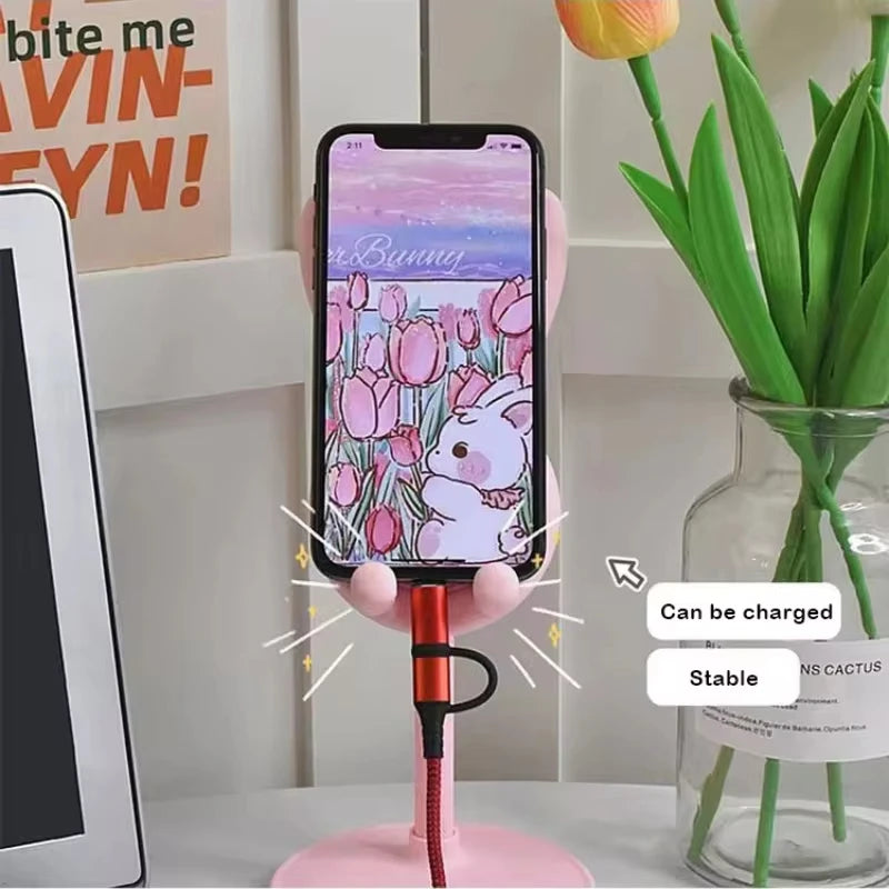 Pink Phone Holder Desktop Cell Phone Stand Adjustable Lovely Rabbit Cartoon