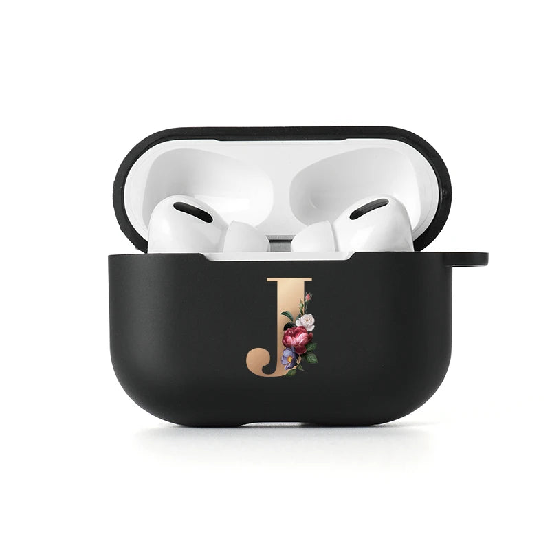 Floral Gold Initial Alphabet Letter Case For Airpods 2 3 Pro black Matte Cover