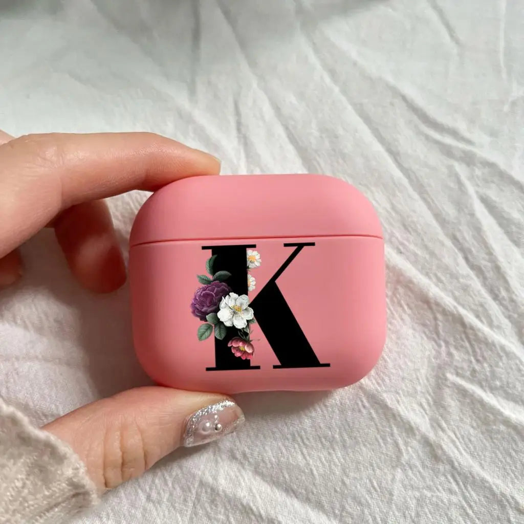 Initial Letter A Z Earphone Case For Apple Charging Box For AirPods 1 2 3 4Pro Black letter flower Pink