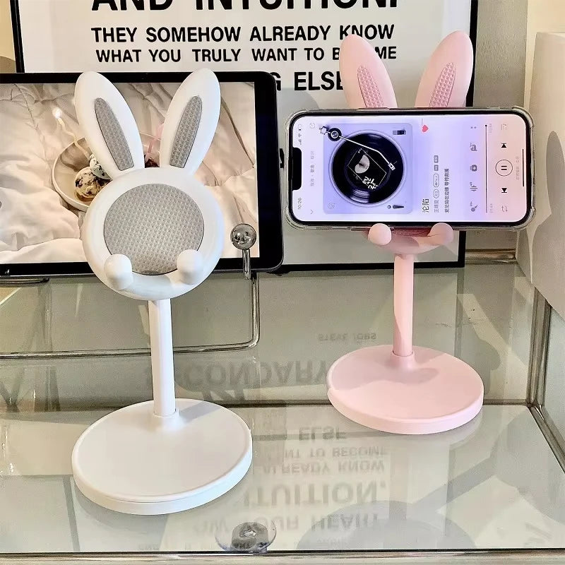 Pink Phone Holder Desktop Cell Phone Stand Adjustable Lovely Rabbit Cartoon