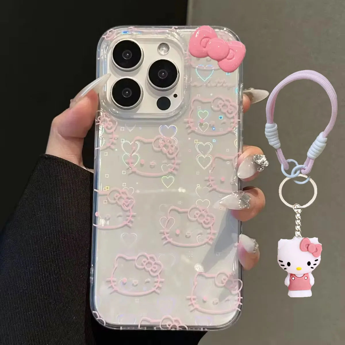 Sanrio Hello Kitty Bow Kawaii Holder Phone Case For iPhone MINI Y2K Bow Laser Cover