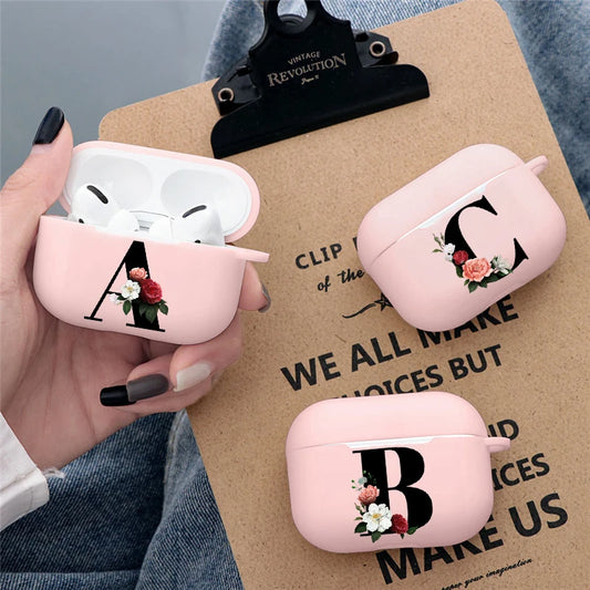 Initial Letter A Z Earphone Case For Apple Charging Box For AirPods 1 2 3 4Pro Black letter flower Pink