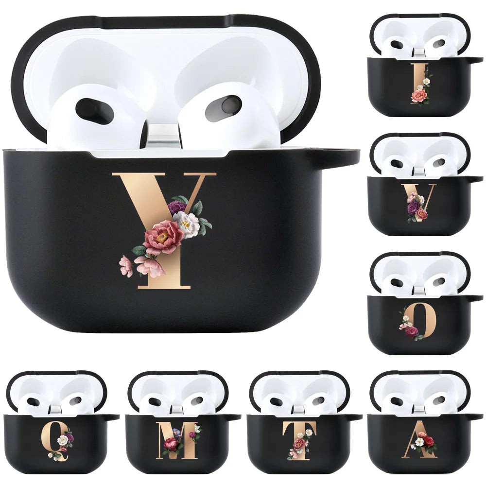 Floral Gold Initial Alphabet Letter Case For Airpods 2 3 Pro black Matte Cover