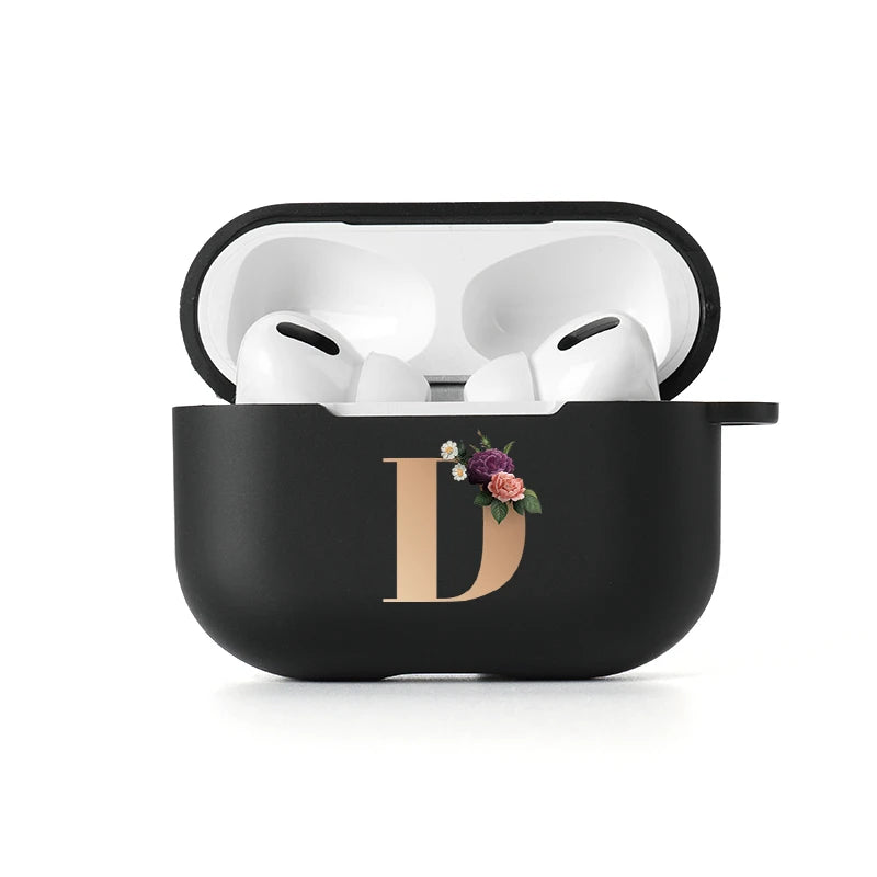 Floral Gold Initial Alphabet Letter Case For Airpods 2 3 Pro black Matte Cover