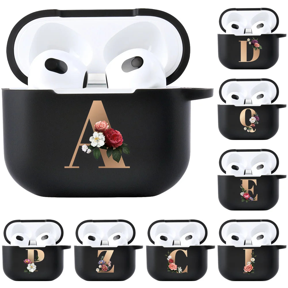 Floral Gold Initial Alphabet Letter Case For Airpods 2 3 Pro black Matte Cover