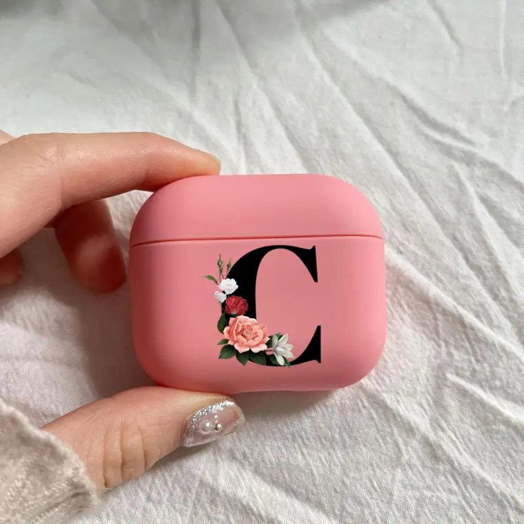 Initial Letter A Z Earphone Case For Apple Charging Box For AirPods 1 2 3 4Pro Black letter flower Pink