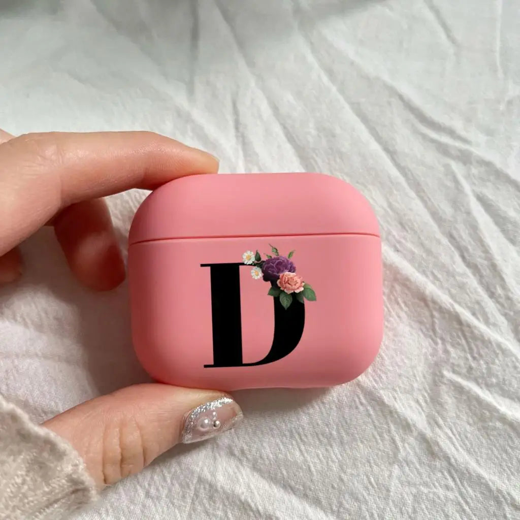 Initial Letter A Z Earphone Case For Apple Charging Box For AirPods 1 2 3 4Pro Black letter flower Pink