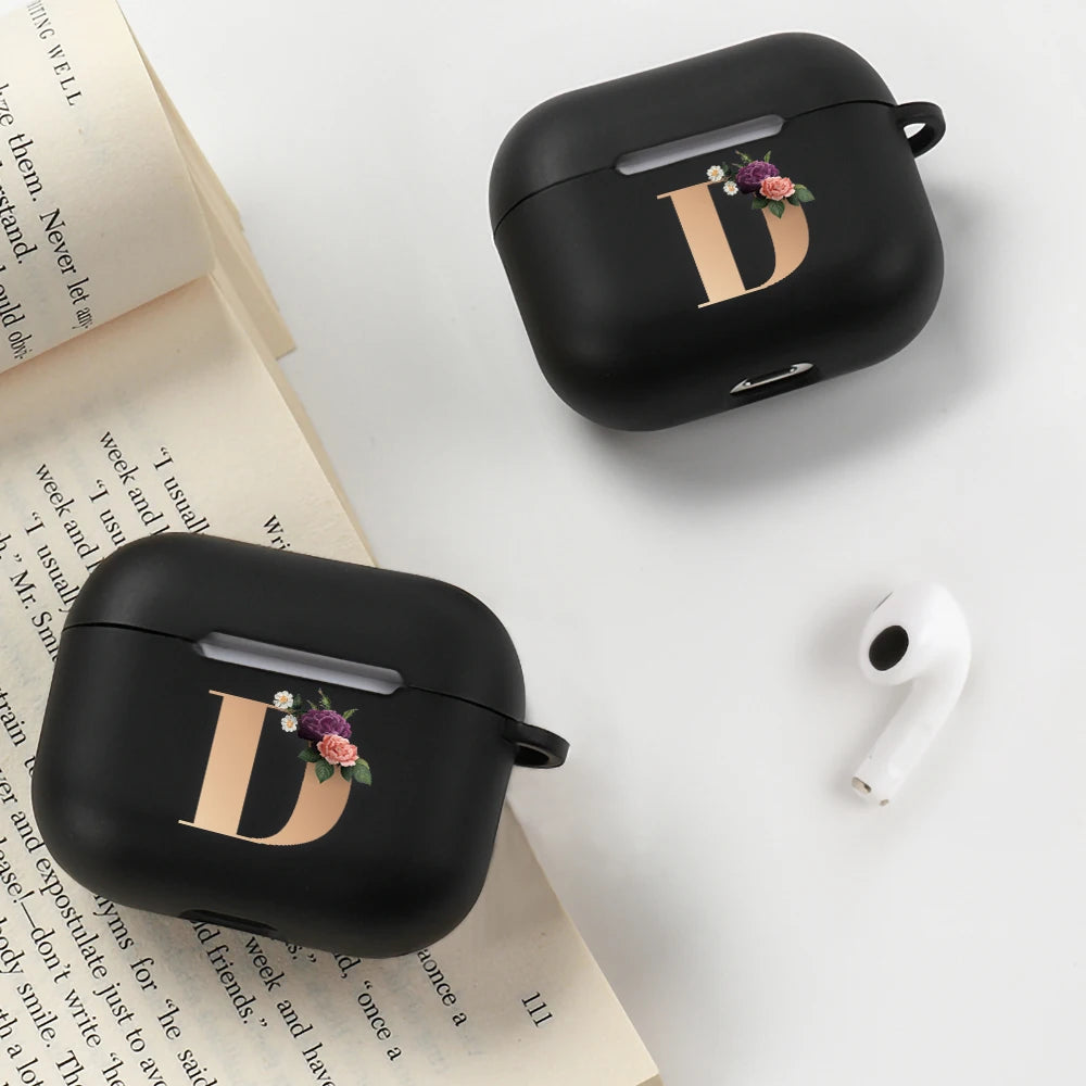 Floral Gold Initial Alphabet Letter Case For Airpods 2 3 Pro black Matte Cover