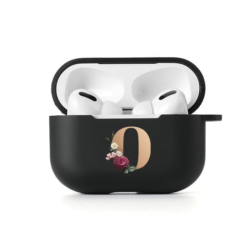 Floral Gold Initial Alphabet Letter Case For Airpods 2 3 Pro black Matte Cover