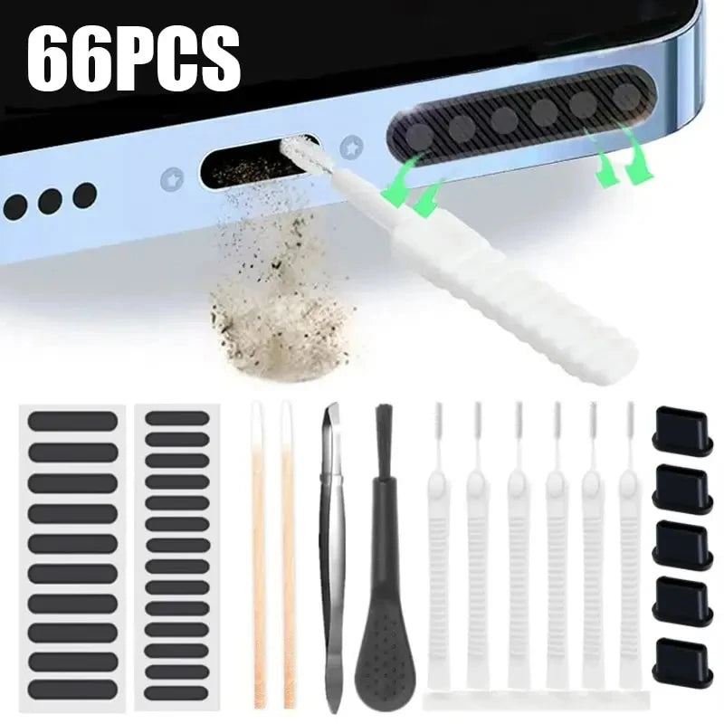 66PCS Mobile Phone Speaker Charging Port Cleaning Set Dust Plug for iPhone 15 14 13 Cleaner Kit Brush